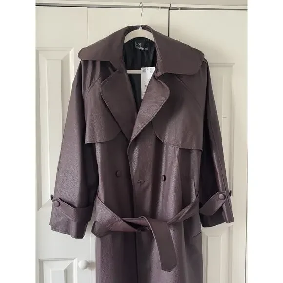 Burgundy Faux Leather Trench Coat Long Belted Jacket Women Oversized Fall - Picture 8 of 10